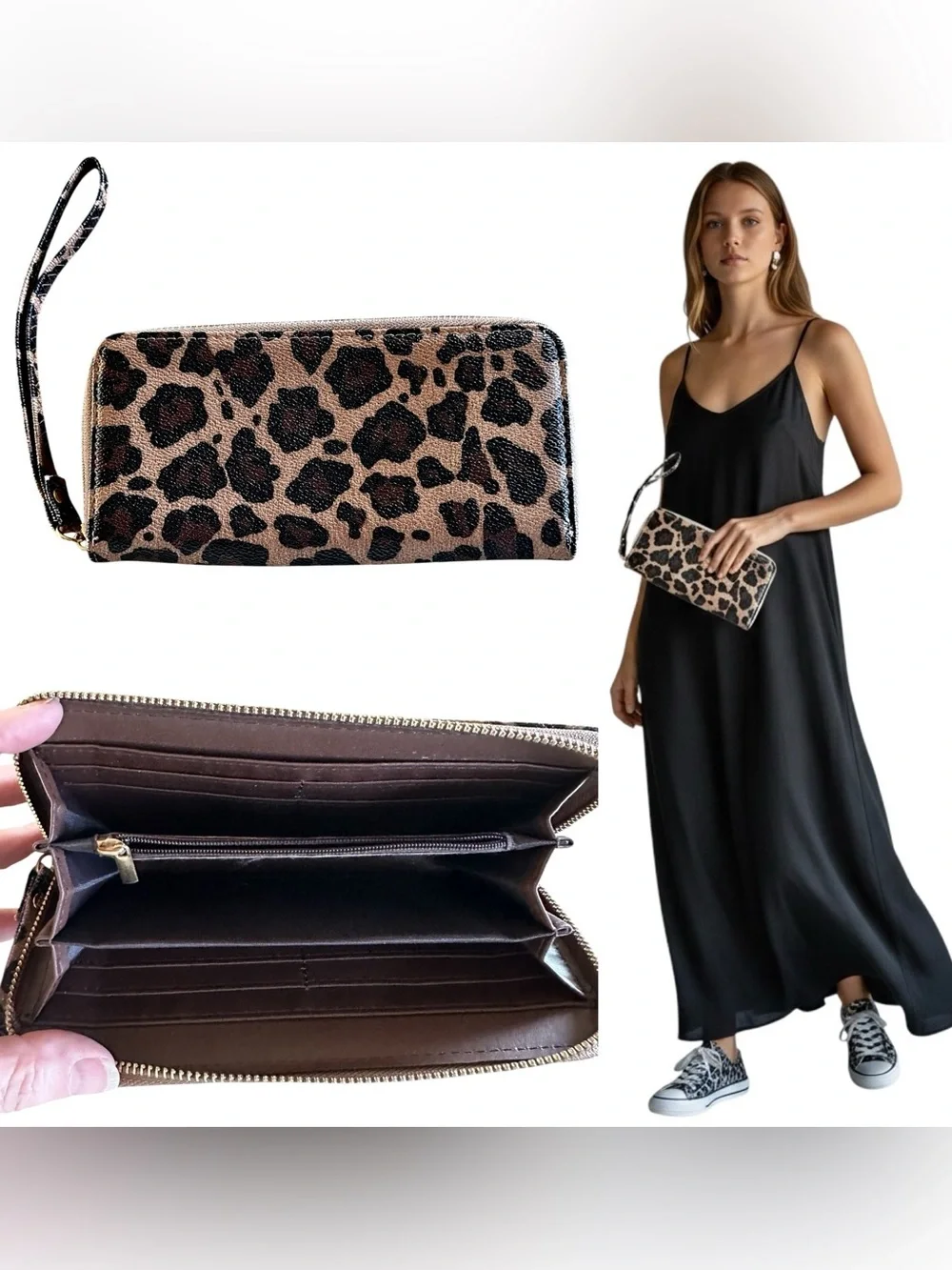 Leopard Print Zip-Around Wristlet Wallet - Brown